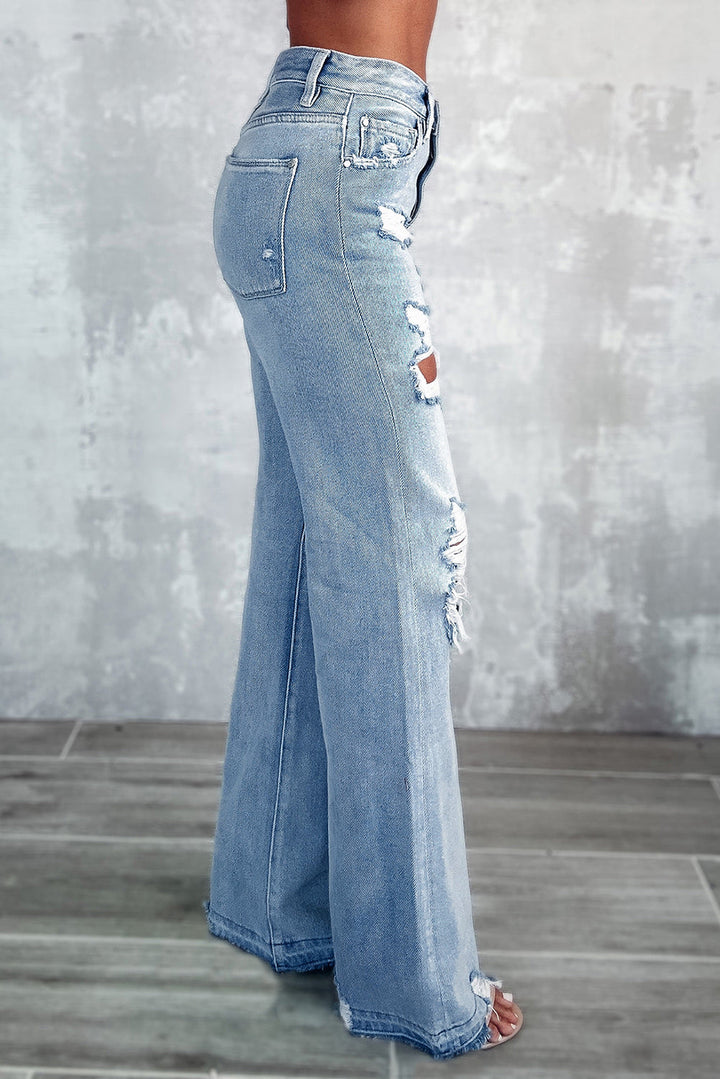 Stilla | Blå Vintage Slidte Rivne Bred Ben Jeans