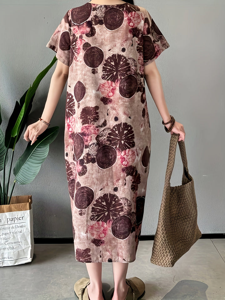 Stilla | Elegant Linned Midi Kjole Med Markant Abstrakt Mønster