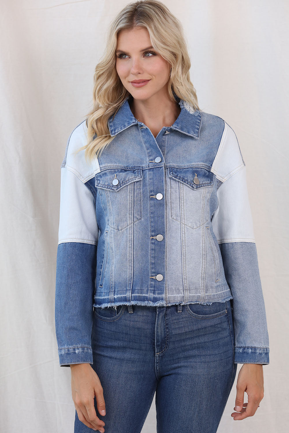 Stilla | Block Distressed Button Up Denim Jacket