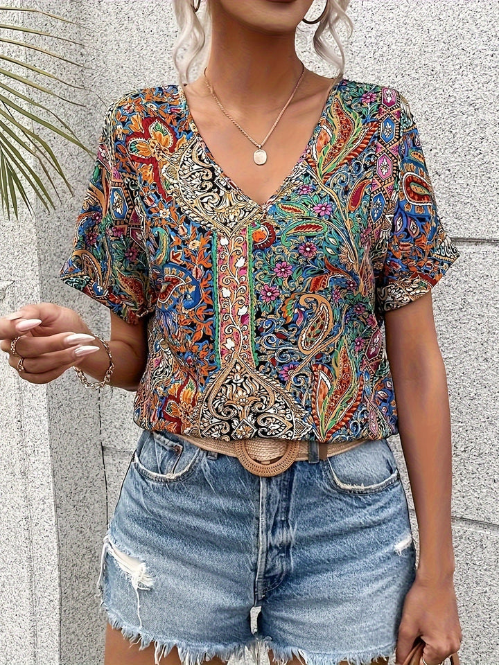 Stilla | Damebluse Med Paisley Mønster V-Hals, Korte Ærmer Årgang Stil, Åndbar