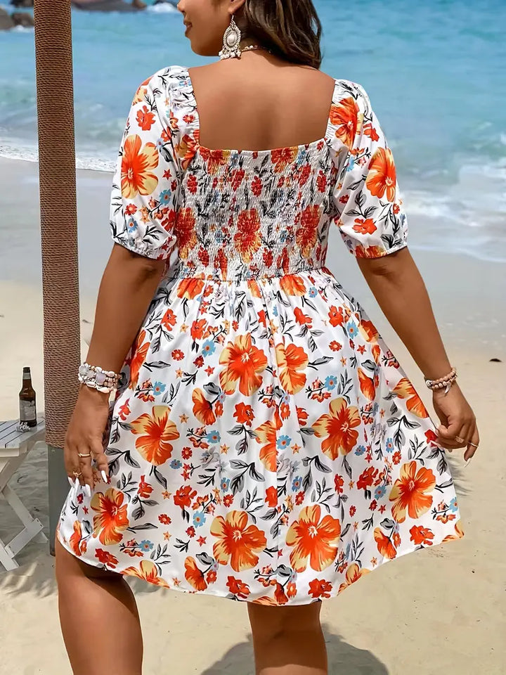 Stilla | Orange Blomsterkjole Afslappet Strandkjole Med Knapper Og Korte Ærmer Til Knæet
