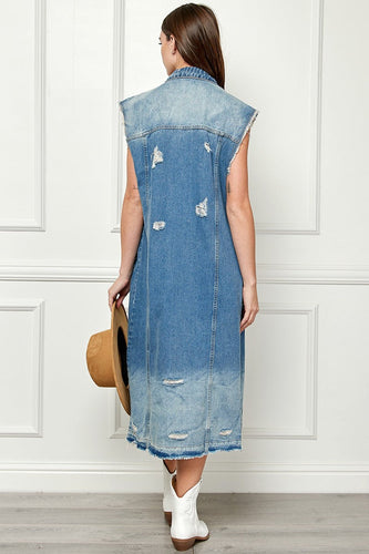 Stilla | Full Size Distressed Uden Ærmer Longline Denim Jakke