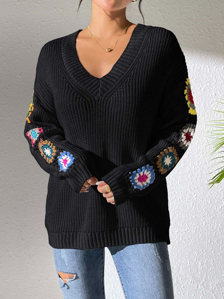 Stilla | Sweater V-udskæring med Hæklede Blomster-Mønster