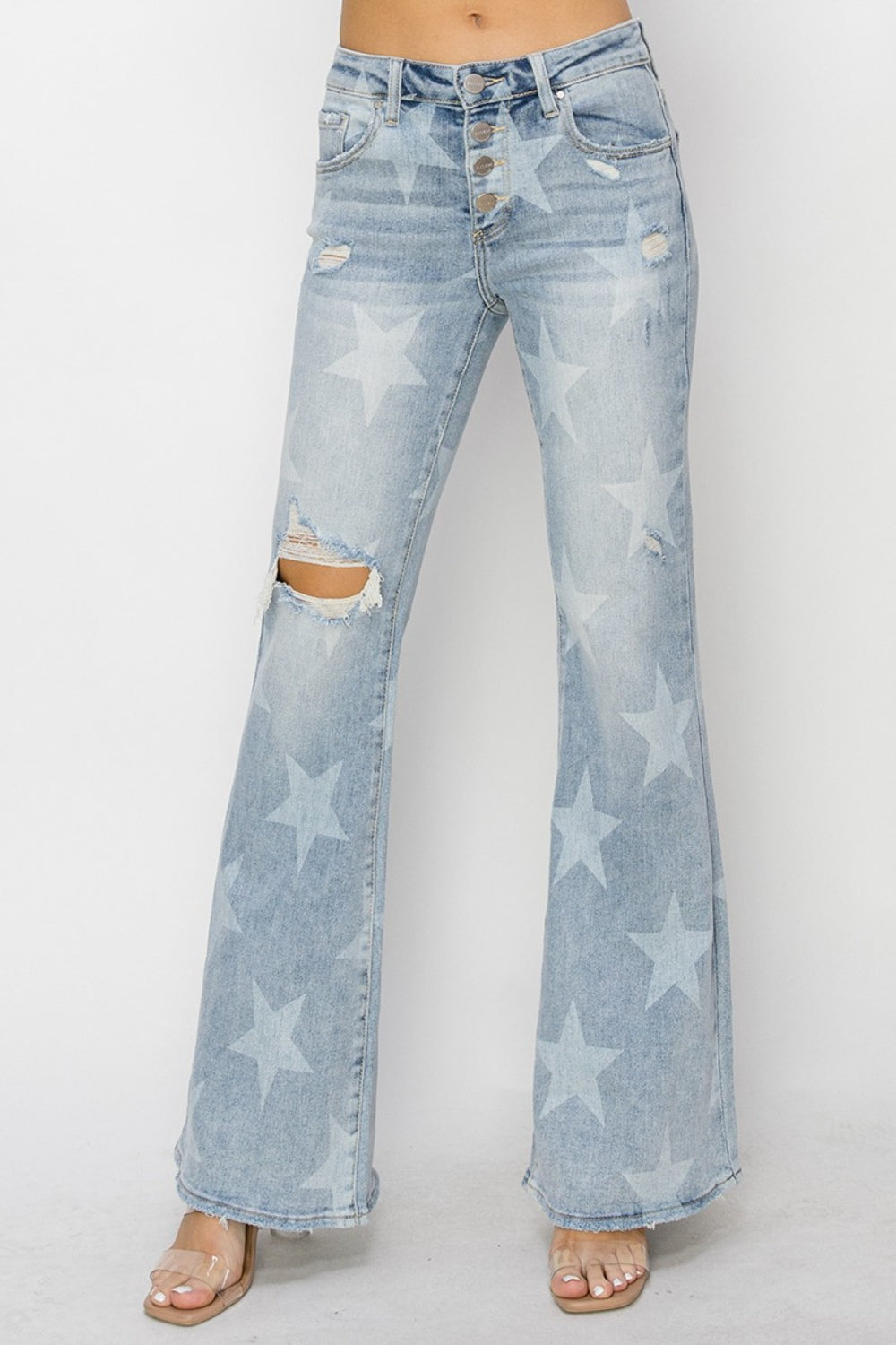 Stilla | Mellemhøj Talje Knap Gennemsigtig Start Print Flare Jeans