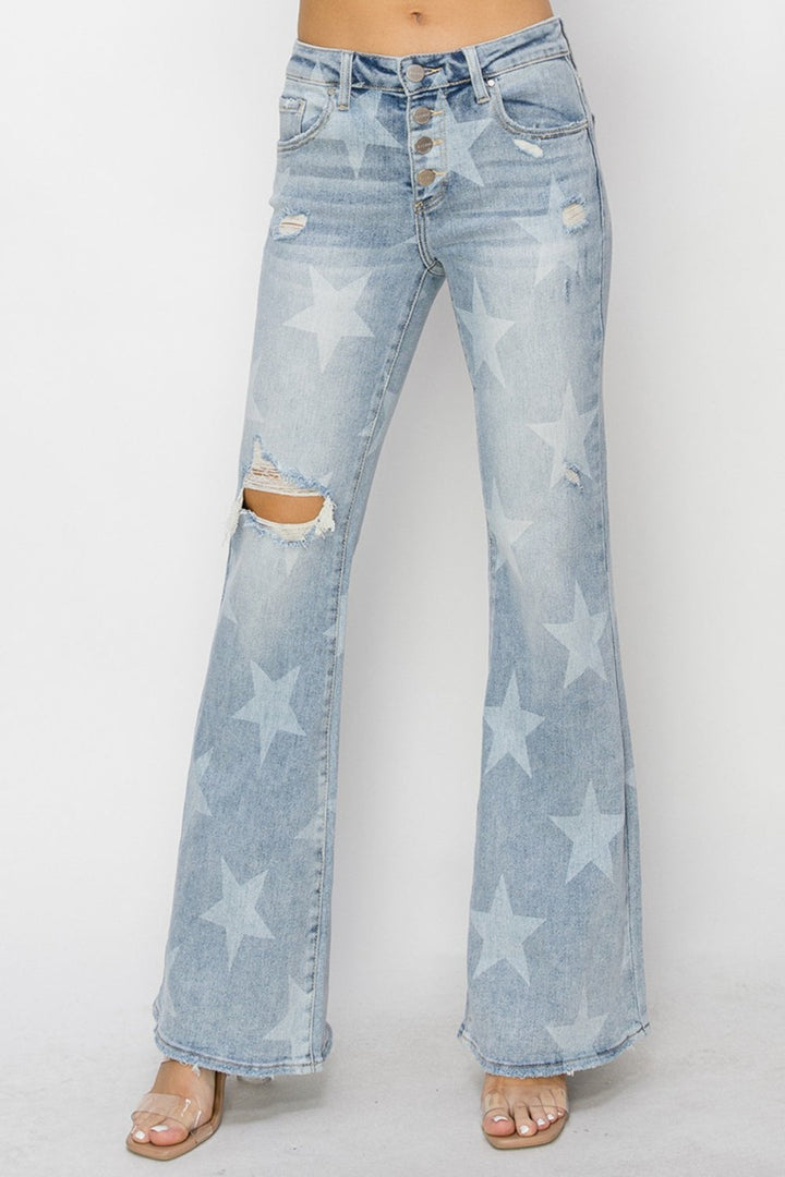 Stilla | Mellemhøj Talje Knap Gennemsigtig Start Print Flare Jeans