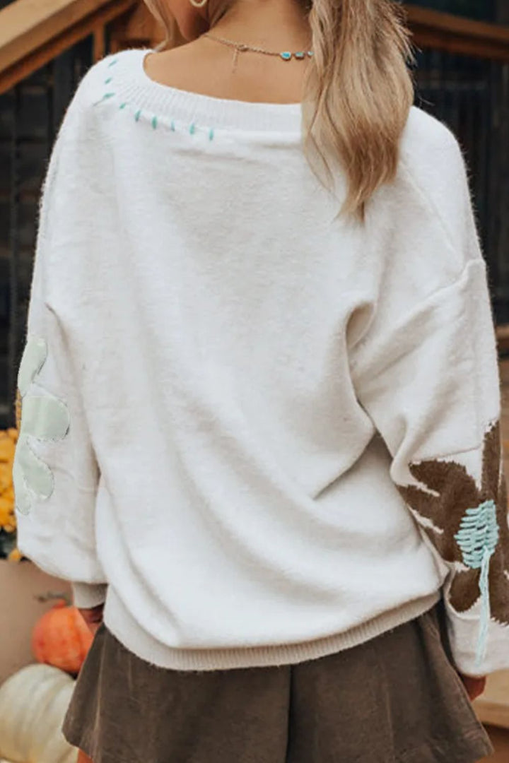 Stilla | Blomster Pullover Med V-udskæring og Nedsatte Skuldre