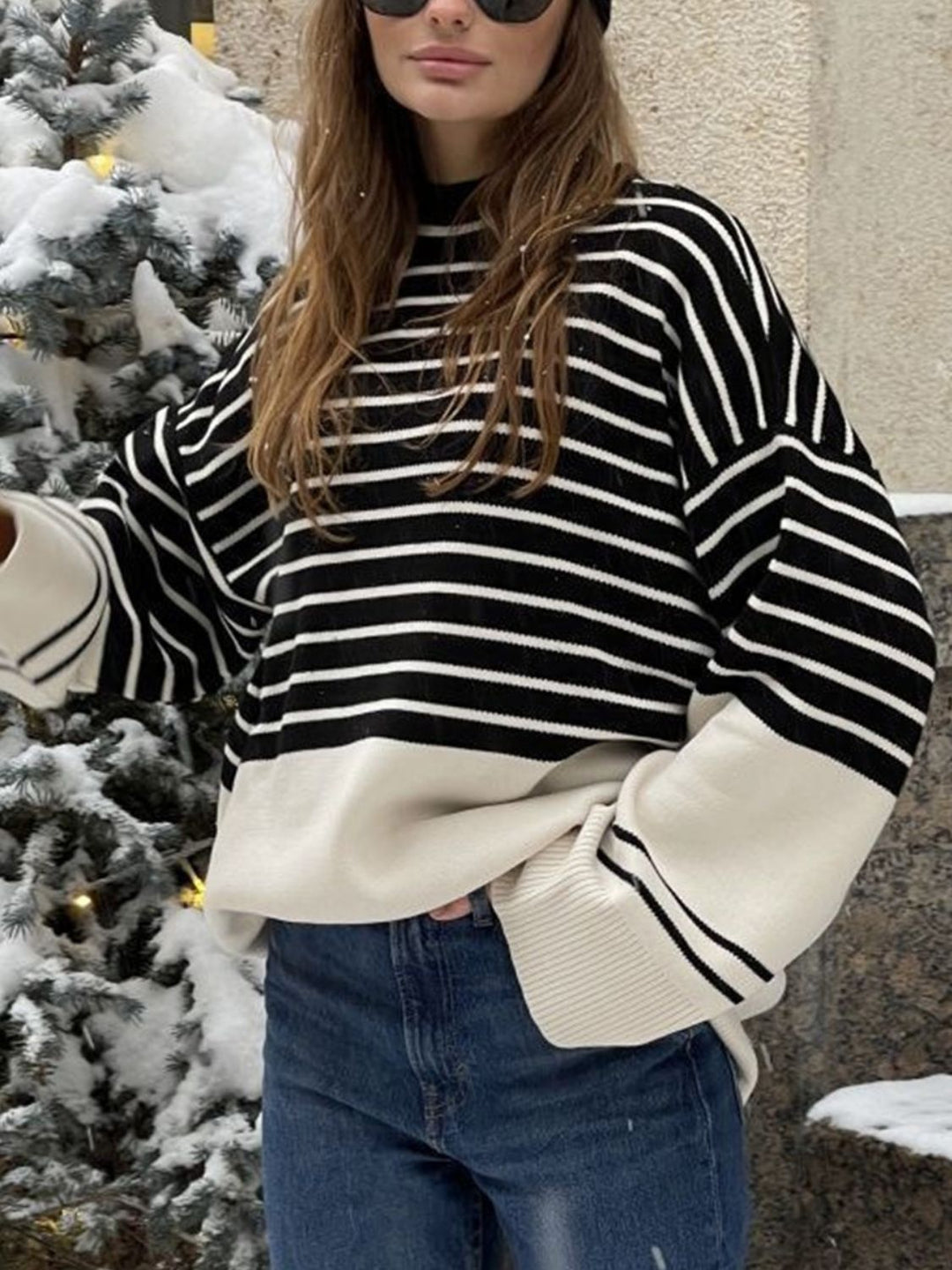 Stilla | Stribet Pullover Med Lange Ærmer og Ståkrave