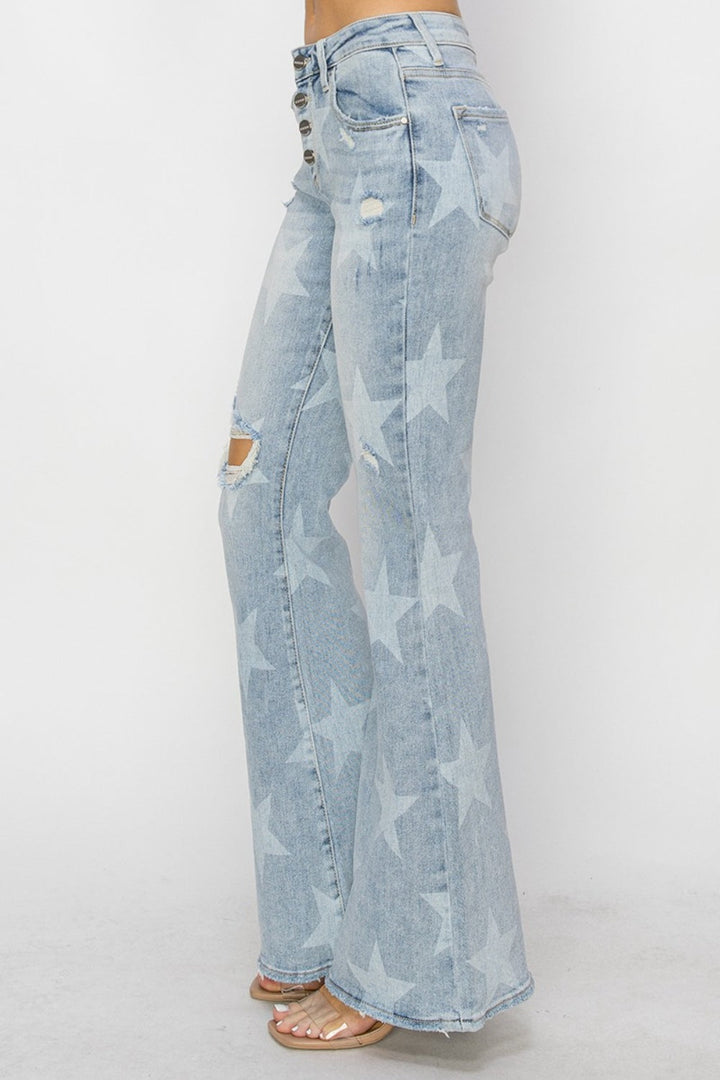 Stilla | Mellemhøj Talje Knap Gennemsigtig Start Print Flare Jeans