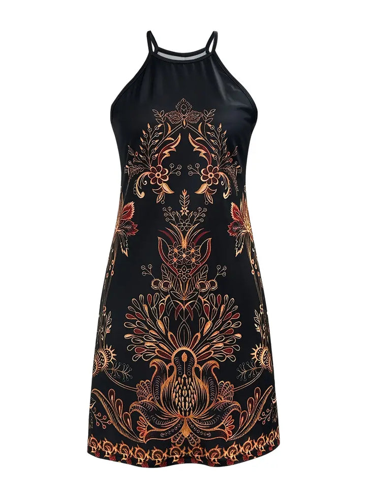 Stilla | Boho Halter Maxi Kjole Sort Sommerkjole Med Blomstermønster