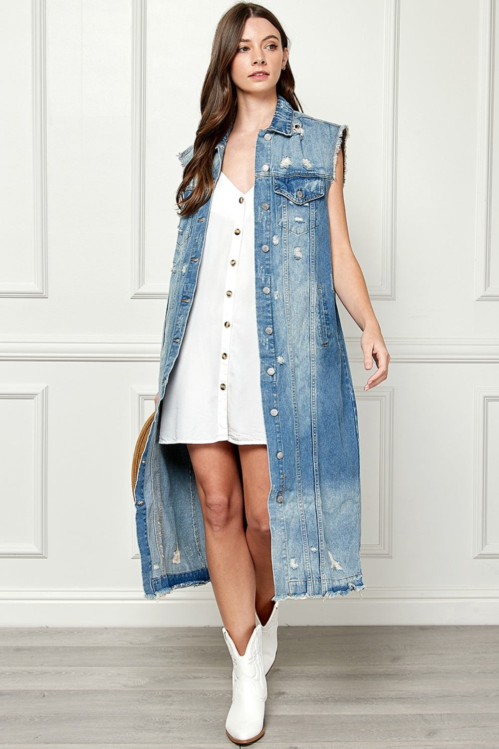 Stilla | Full Size Distressed Without Sleeves Longline Denim Jacket