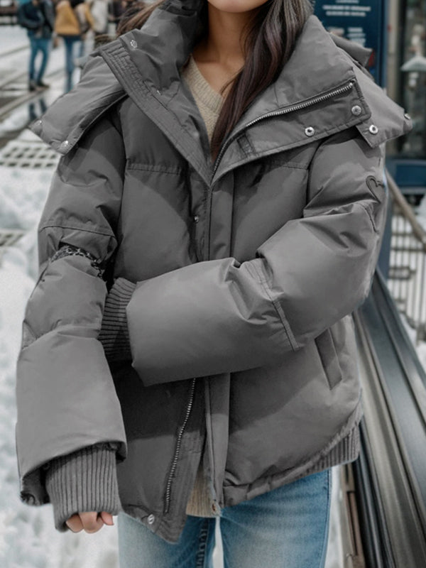 Stilla | Grå Ensfarvet Hjerte Dekoreret Hætte Puffjakke