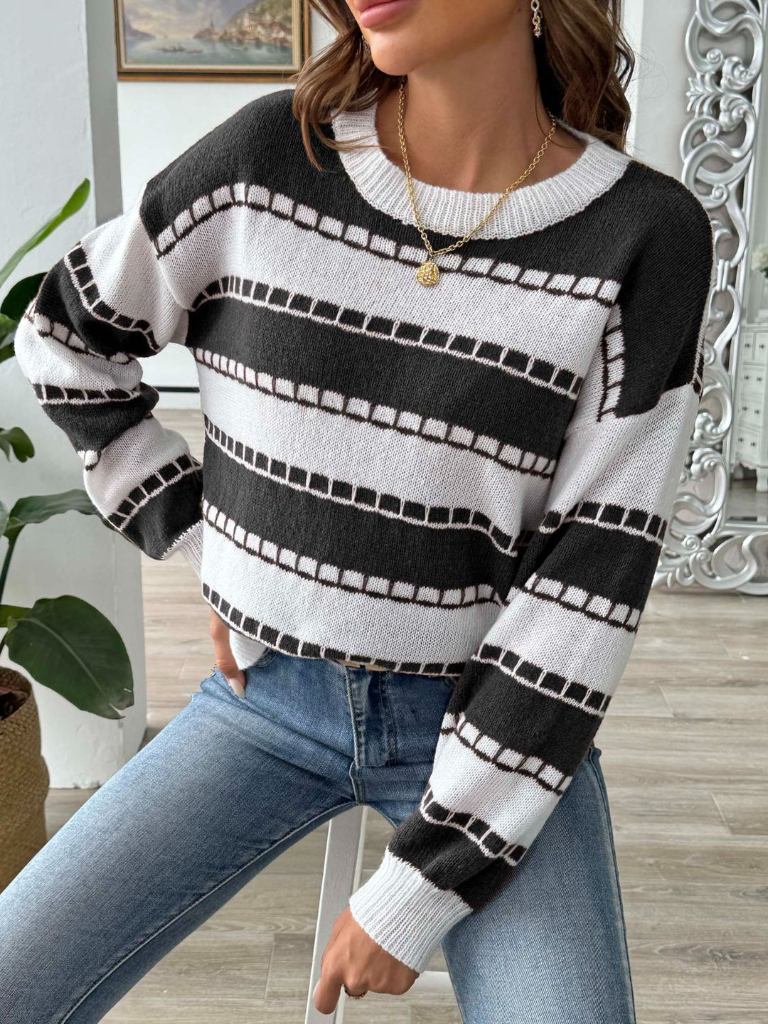 Stilla | Stribet Sweater Med Lange Ærmer og Rund Halsudskæring