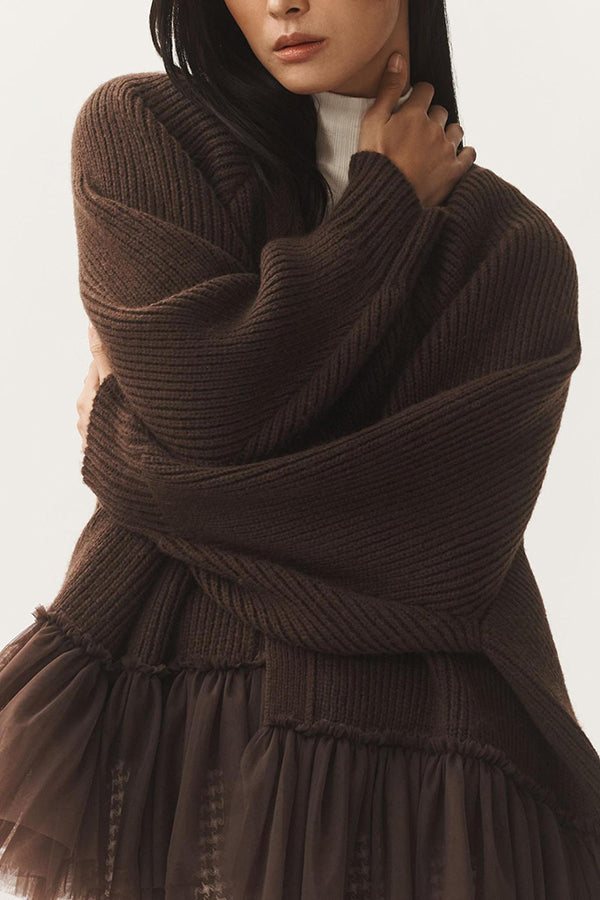 Stilla | Strik Cardigan med Mesh Flæse og Lange Ærmer