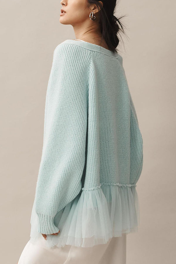 Stilla | Strik Cardigan med Mesh Flæse og Lange Ærmer