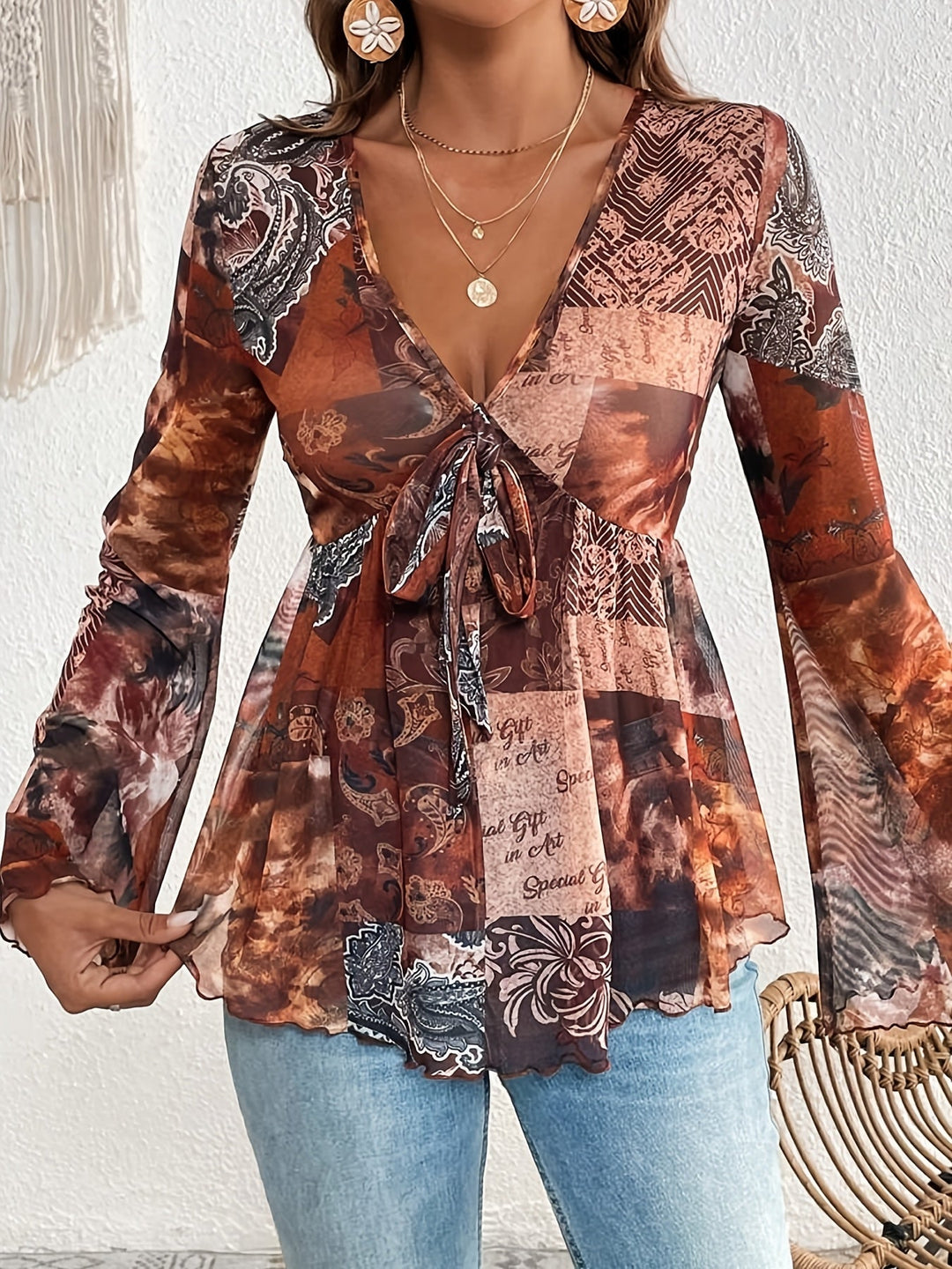 Stilla | Elegant Kjole Paisley V-Hals, Lange Ærmer & Let Mesh