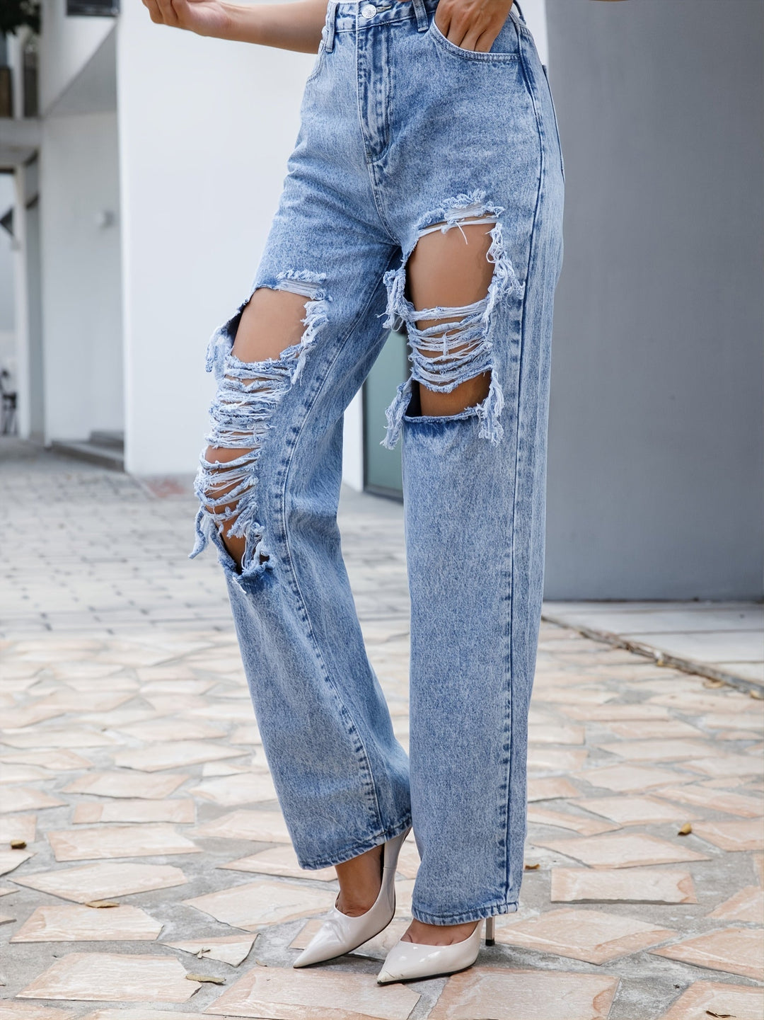 Stilla | Høj Talje Bred Ben Slidte Denim Jeans Bukser