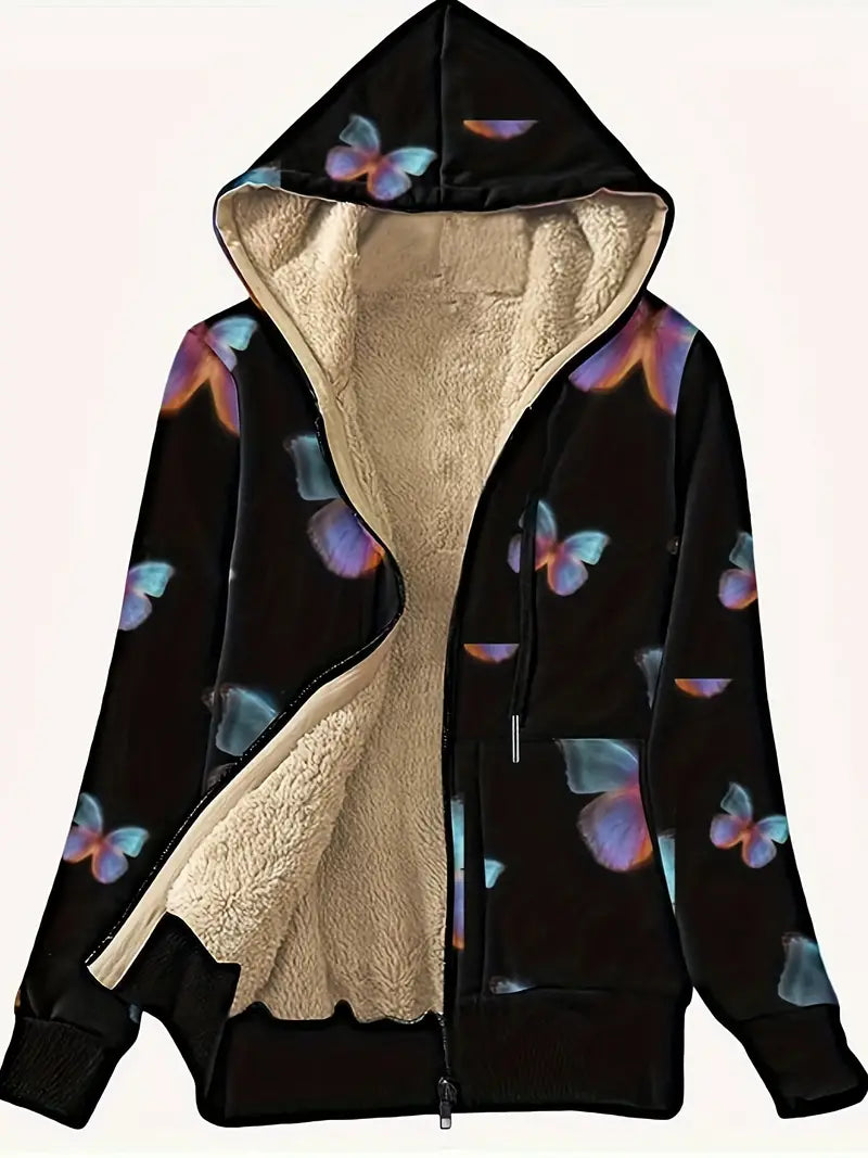 Stilla | Sweatjakke med foer af fake-fur med sommerfuglevinge-print