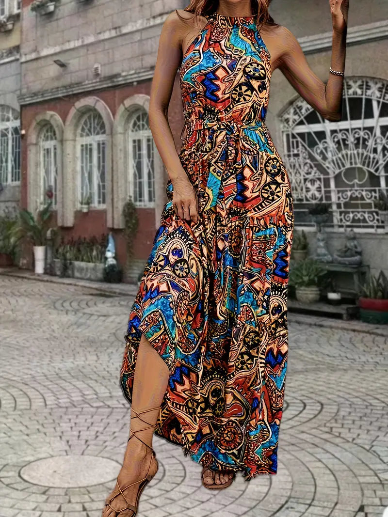Stilla | Boho Maxi Kjole Brown Sommerkjole Uden Ærmer Med Bælte