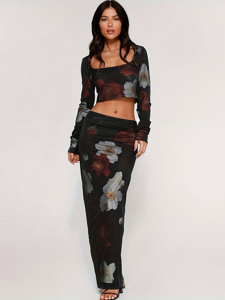Stilla | Sort Blomstersæt Med Crop Top Og Maxi Nederdel