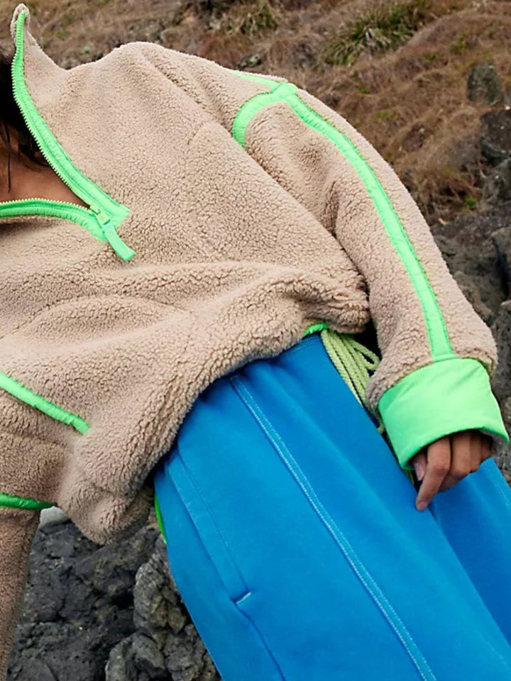 Stilla | Sweatjakke med Lange Ærmer i Plys med Snøre og Kontrastfarvet Halv Zip