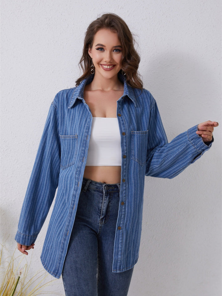 Stilla | Stribet Knap-Up Denim Skjorte