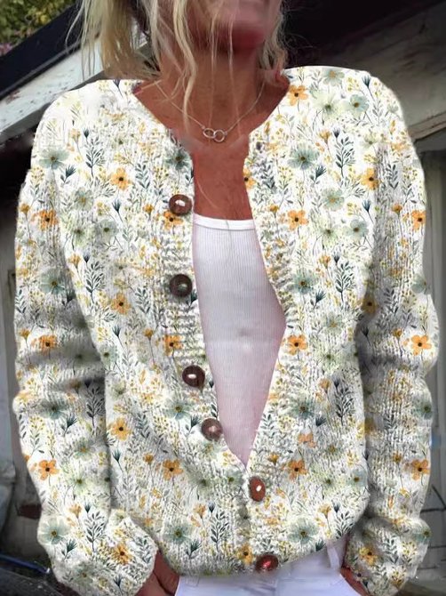 Stilla | Elegant Strikjakke Med Blomster Mønster