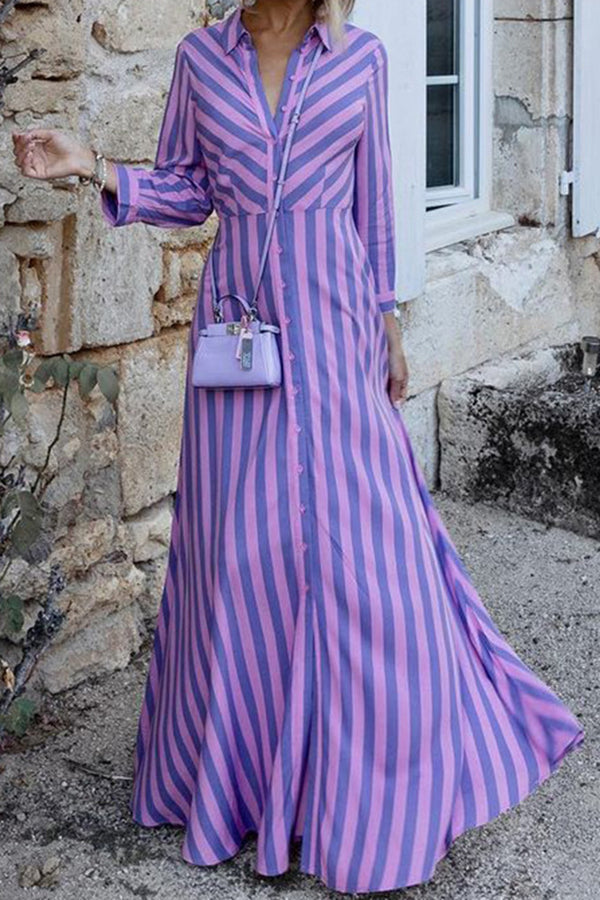 Stilla | Svær at Fang Stripe Print Skjorte Maxi Kjole