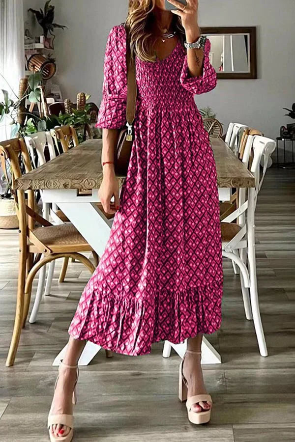 Stilla | V-udskæring Lange Nederdel Blomster Mønster Store Swing Kjole