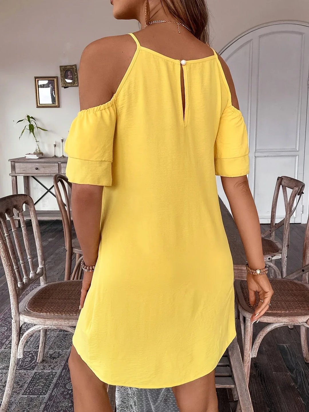 Stilla | Gul Midi Kjole Sexet Sommerkjole Uden Stropper Løs Polyester Kjole Med Stropper