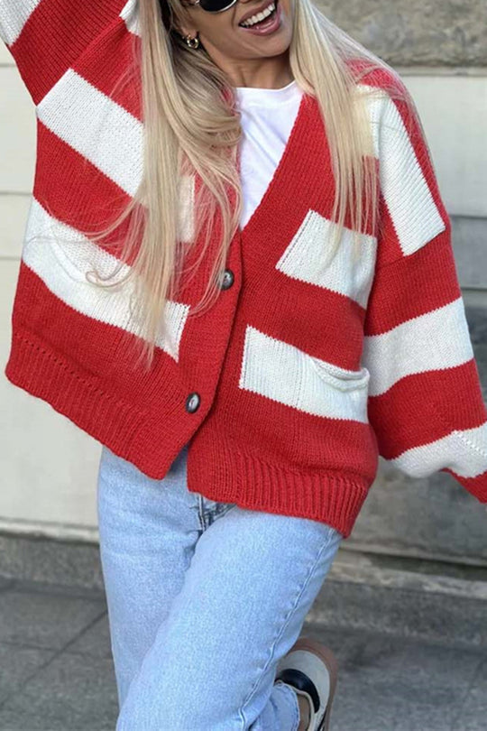 Stilla | Stribet Casual Cardigan Med Lange Ærmer, Lommer Og V-udskæring