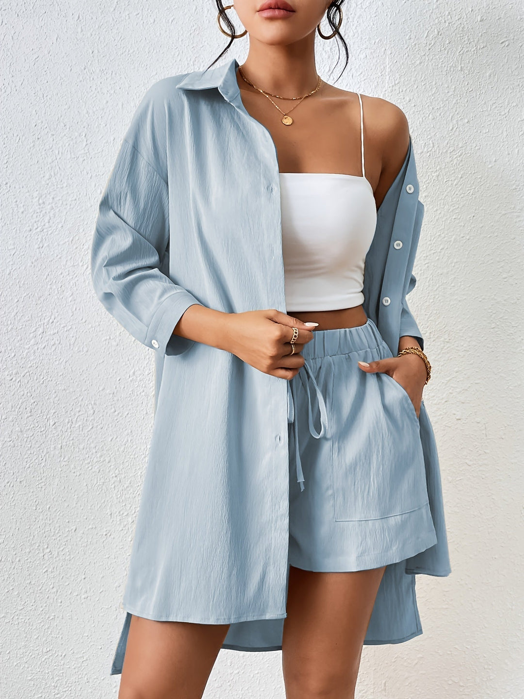 Stilla | Button up Skjorte Og Shorts Med Snøre Og Elastisk Linning