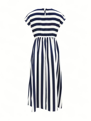 Stilla | A-Line Kjole Striber Navy Blue & Hvid Korte Ærmer Høj Talje