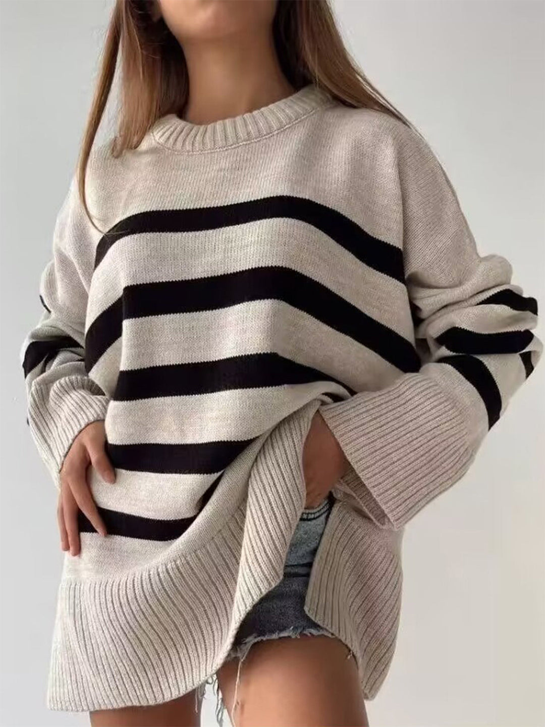 Stilla | Stribet Pullover Med Rund Hals og Slids
