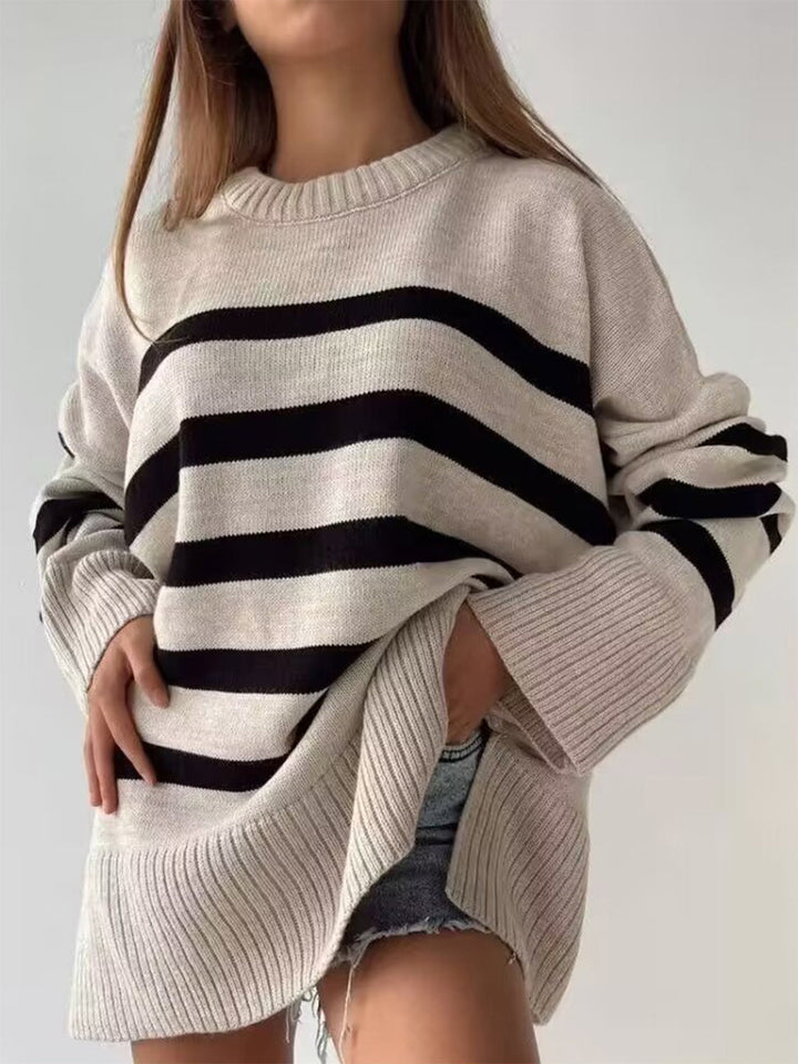 Stilla | Stribet Pullover Med Rund Hals og Slids