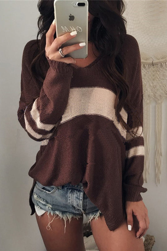 Stilla | Mode Strik Patchwork Pullover Med V-hals Og Lange Ærmer