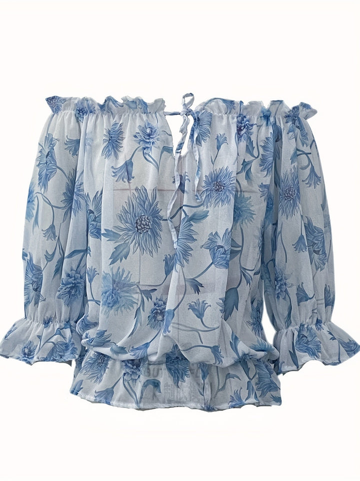 Stilla | Lettet Chiffon Bluse Der Afslører Skuldrene Ballonsleeves Blomstermønster