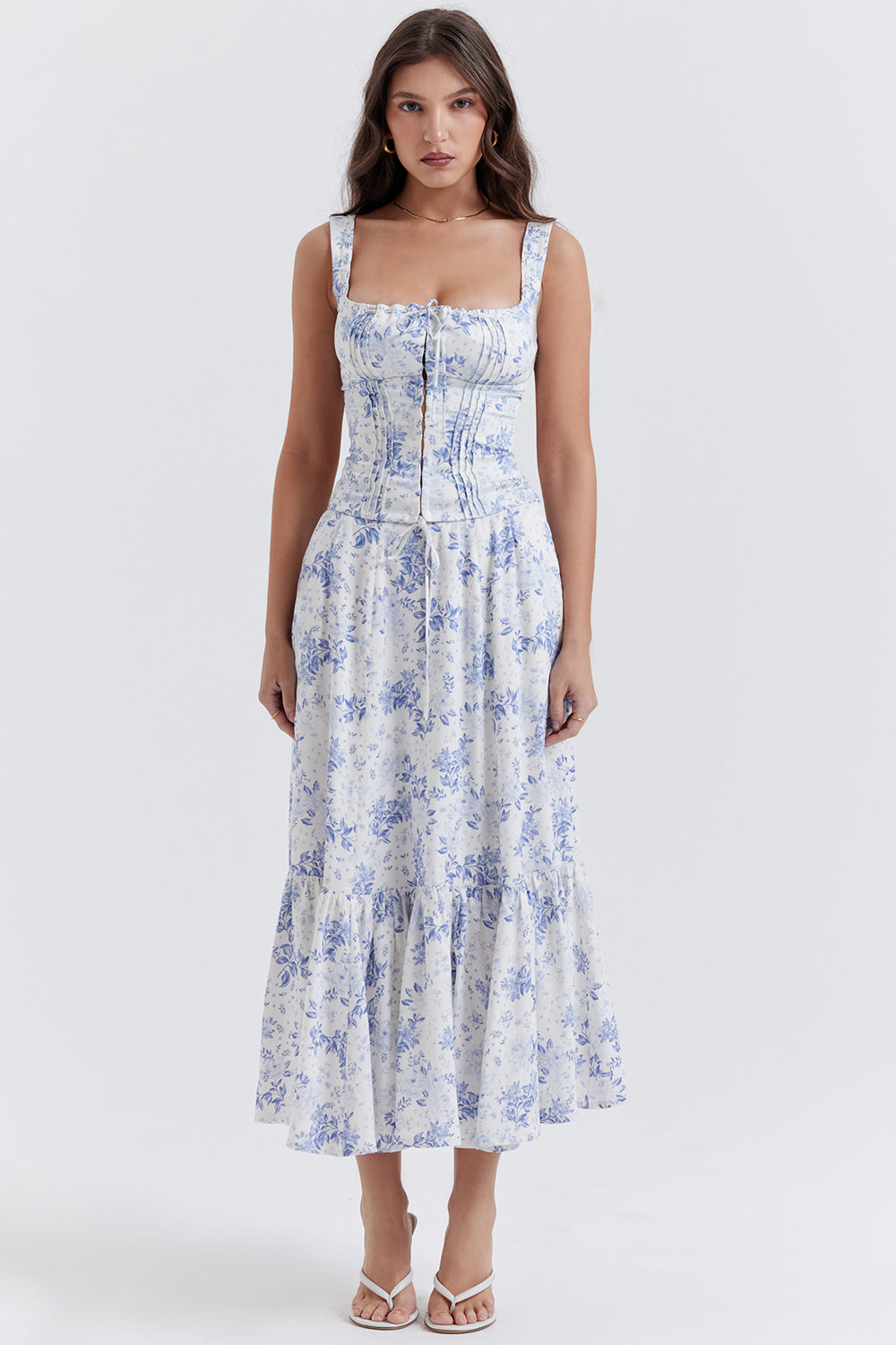 Stilla | Blå Blomstret Top Med Midi Nederdel