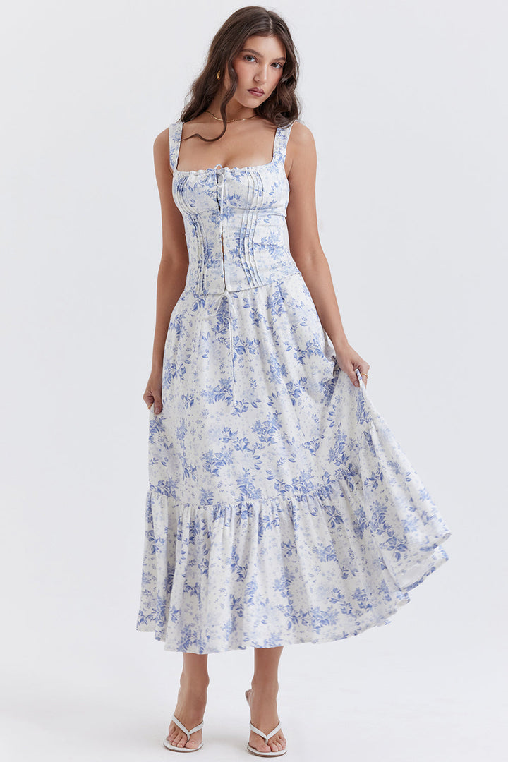 Stilla | Blå Blomstret Top Med Midi Nederdel