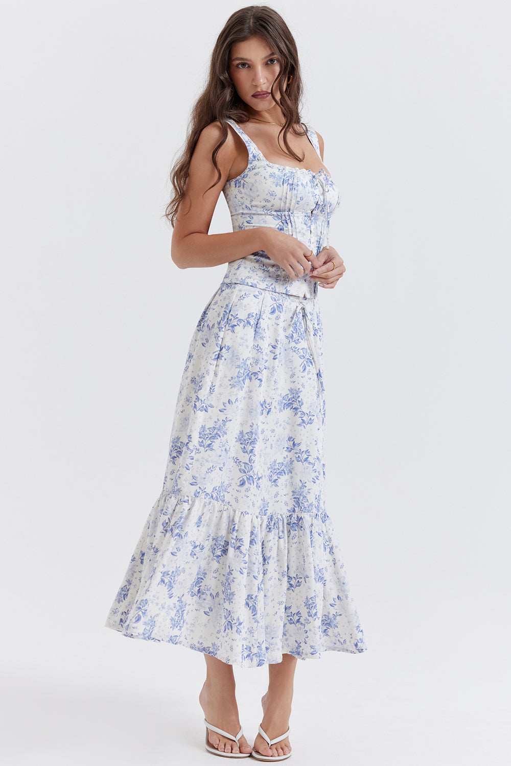 Stilla | Blå Blomstret Top Med Midi Nederdel
