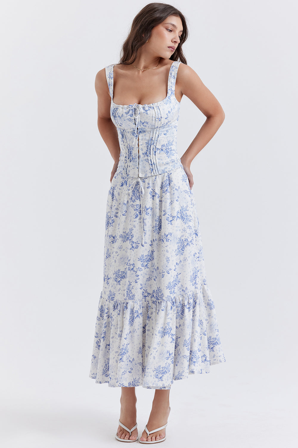 Stilla | Blå Blomstret Top Med Midi Nederdel