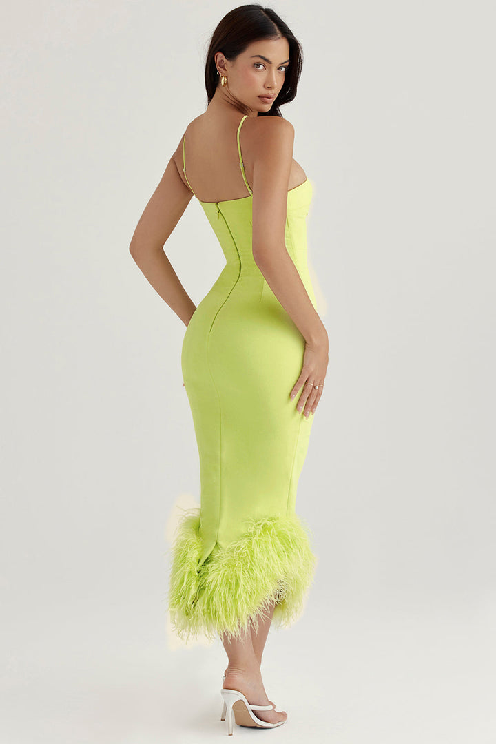 Stilla | Lime Midikjole Med Fjer