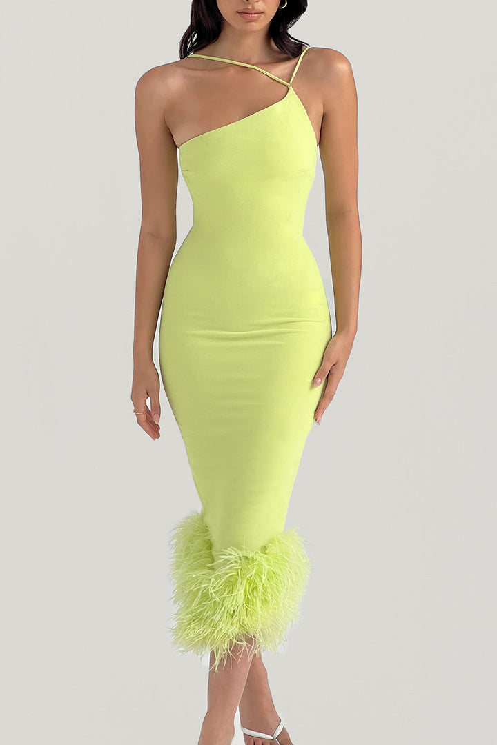 Stilla | Lime Midikjole Med Fjer