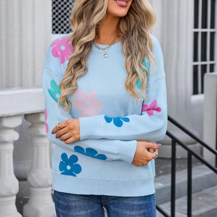 Stilla | Strikpullover Med Blomster Mønster
