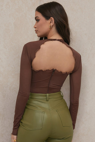 Stilla | Brun Power Mesh Bodysuit Med Bindebånd Foran