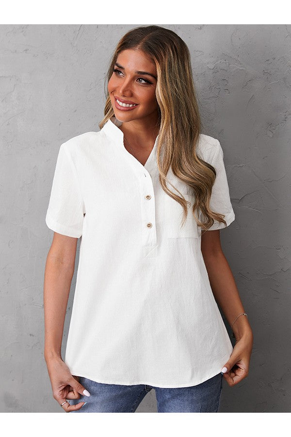Stilla | Cotton Bluse Med Knapper og Løs Stå Op Krave