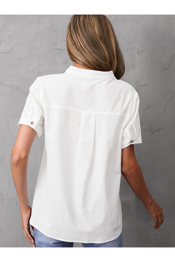 Stilla | Cotton Bluse Med Knapper og Løs Stå Op Krave