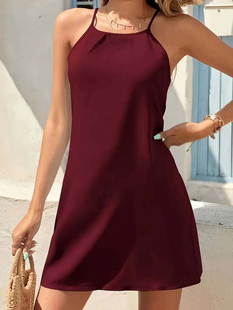 Stilla | Bordeaux Sommerkjole Midi Uden Ærmer På Tynde Stropper Elegant Afslappet Look