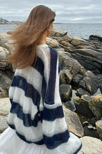 Stilla | Stribet V-Hals Løst Strikket Cardigan Trøje