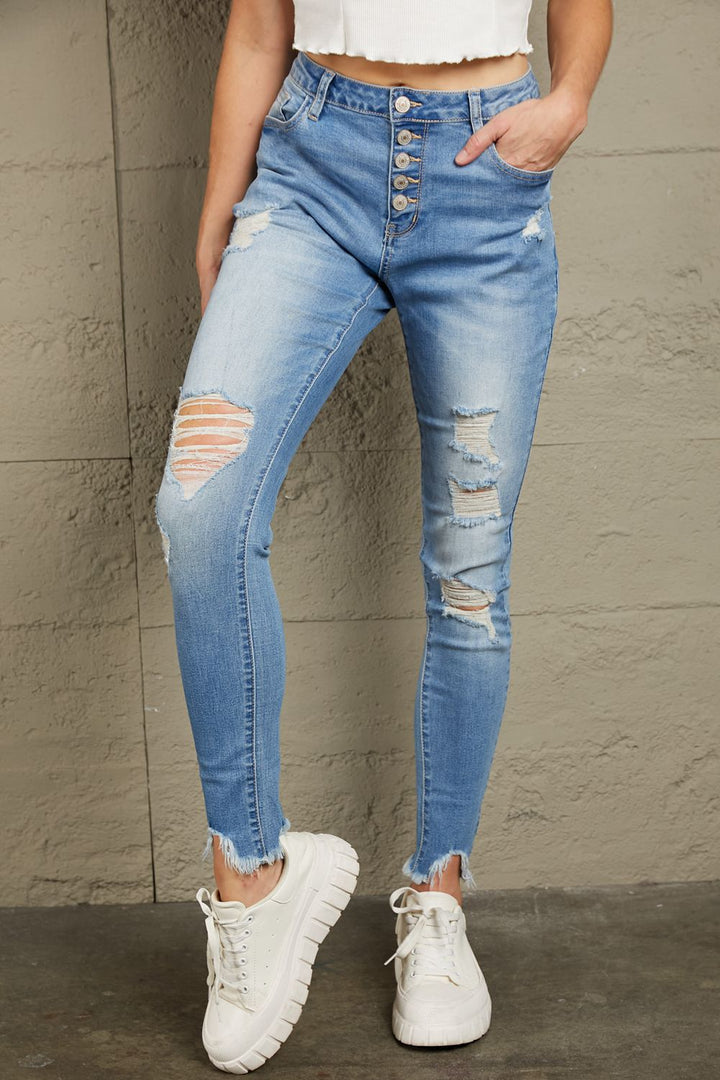 Stilla | Knap Front Flosset Ankeldybde Skinny Jeans