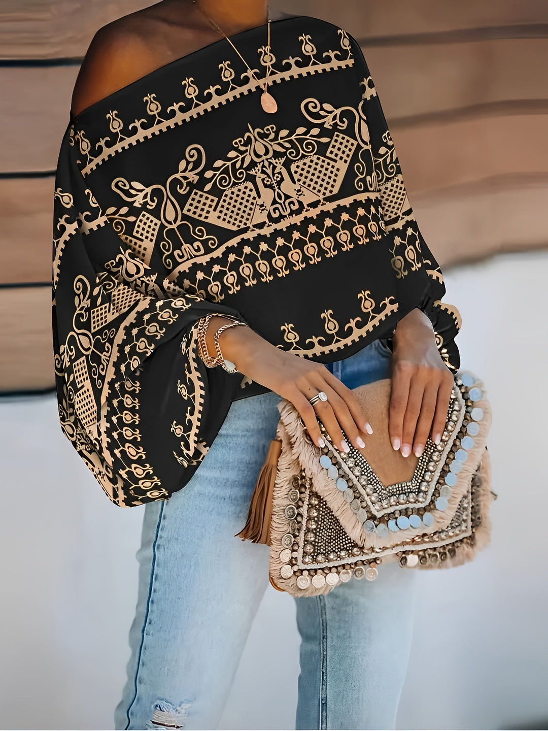 Stilla | Etisk Boho Bluse Med Bar Skulder Og Brede Flagermusærmer, Perfekt Til Forår Og Efterår